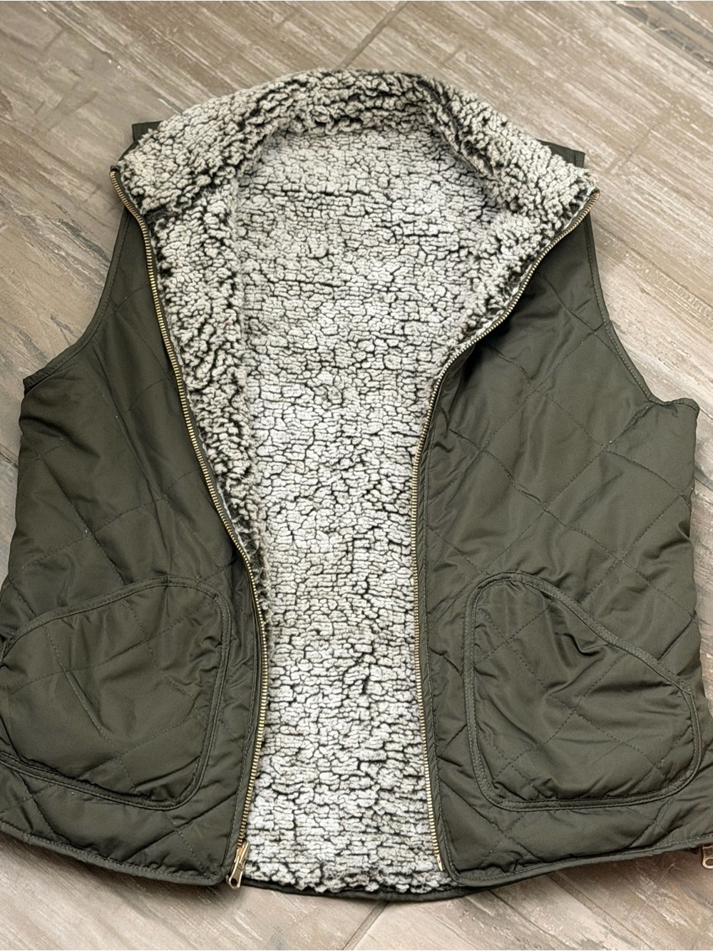 Olive Quilted Sherpa-Lined Vest - Women
